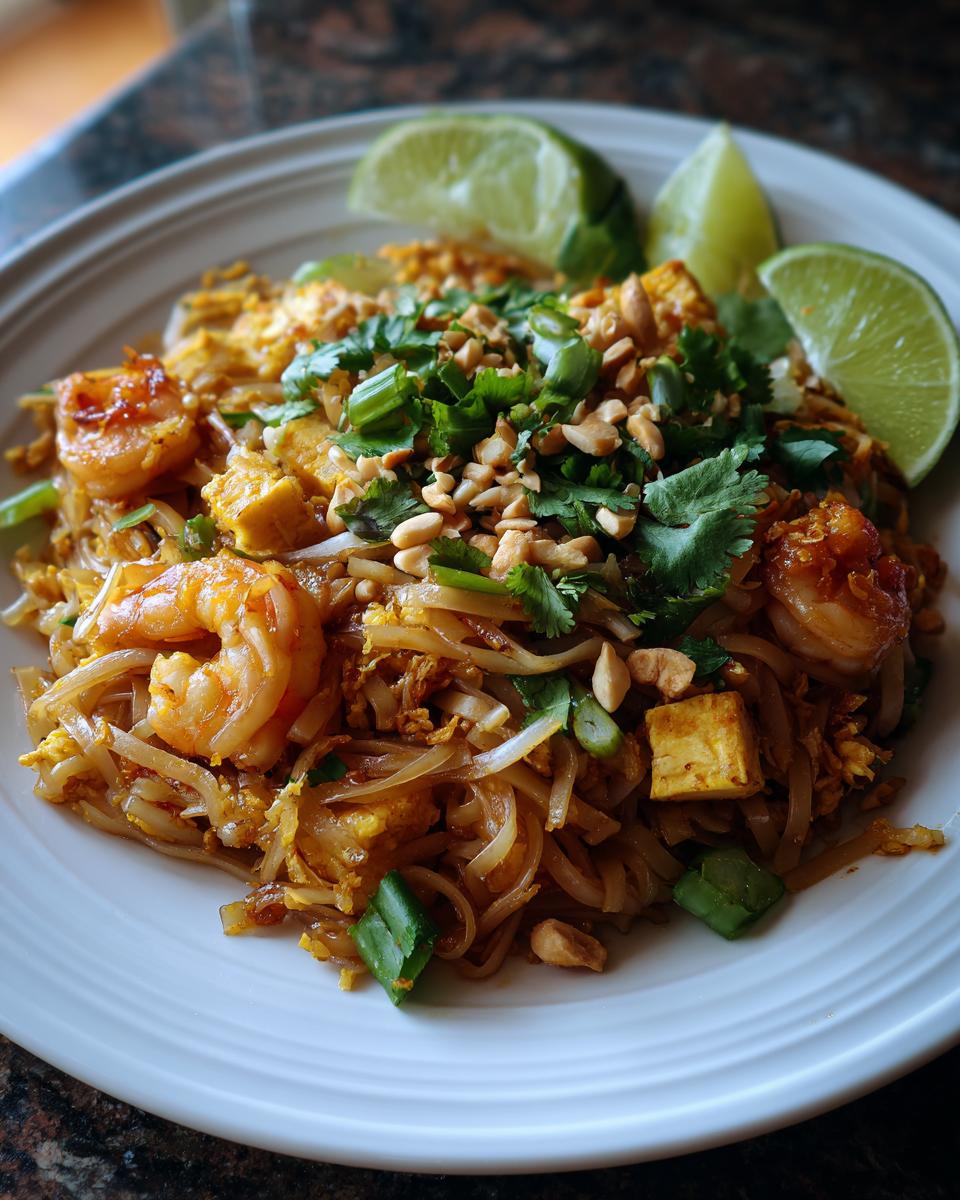 A close-up of a plate of authentic Pad Thai, featuring rice noodles, shrimp, tofu, scrambled egg, peanuts, and lime wedges.