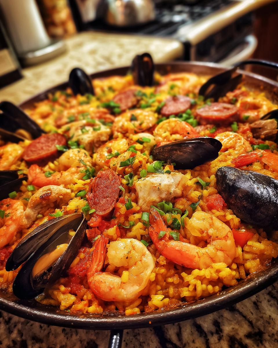 Close-up of a vibrant Paella in a pan, featuring rice, shrimp, mussels, chorizo, and chicken.