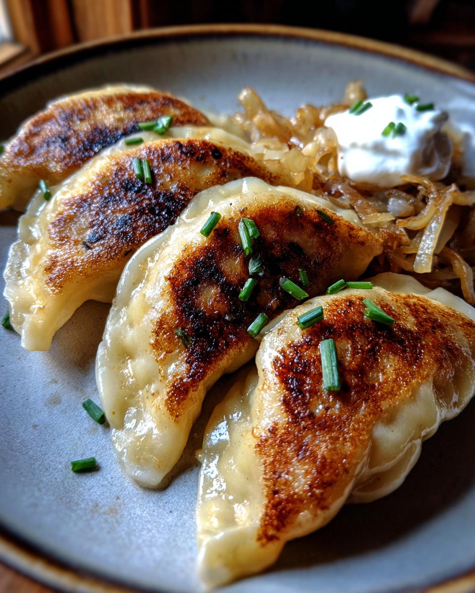 Close-up of golden pan-fried pierogi served with caramelized onions and a dollop of sour cream, garnished with chives.