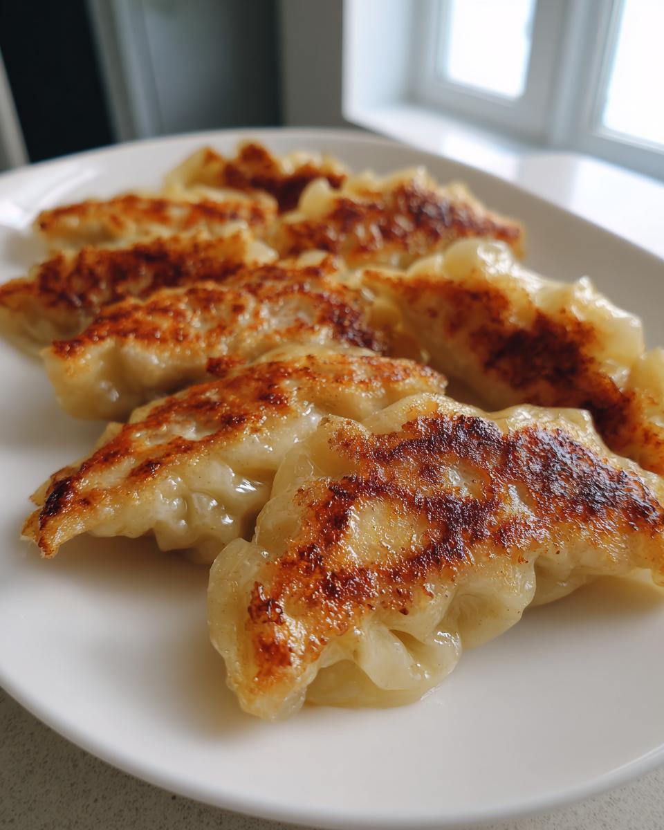 Close-up of golden-brown, pan-fried potstickers arranged on a white plate, showcasing their crispy bottoms.