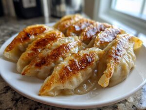 Close-up of golden brown pan-fried potstickers arranged on a white plate, showcasing their crispy bottoms.