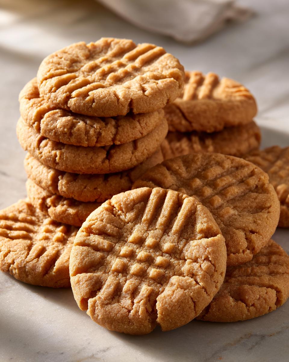 A close-up stack of freshly baked peanut butter cookies with classic criss-cross fork marks.