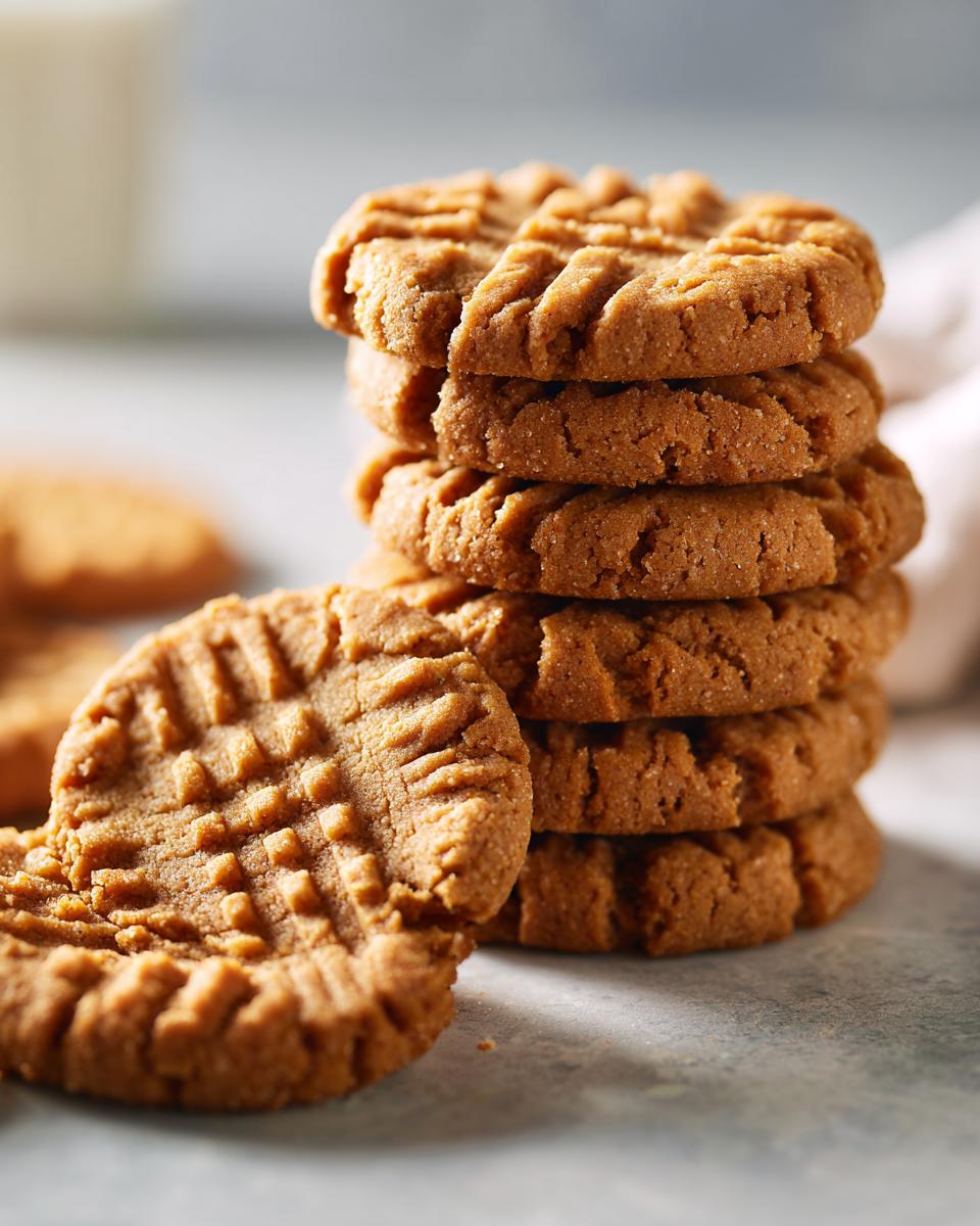 A stack of delicious peanut butter cookies with a classic criss-cross pattern on top.