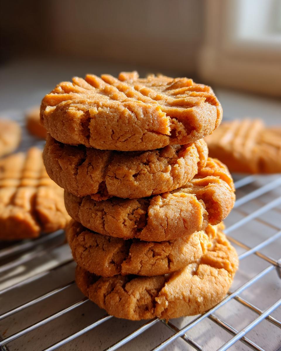 A stack of freshly baked peanut butter cookies with classic fork marks, cooling on a wire rack.