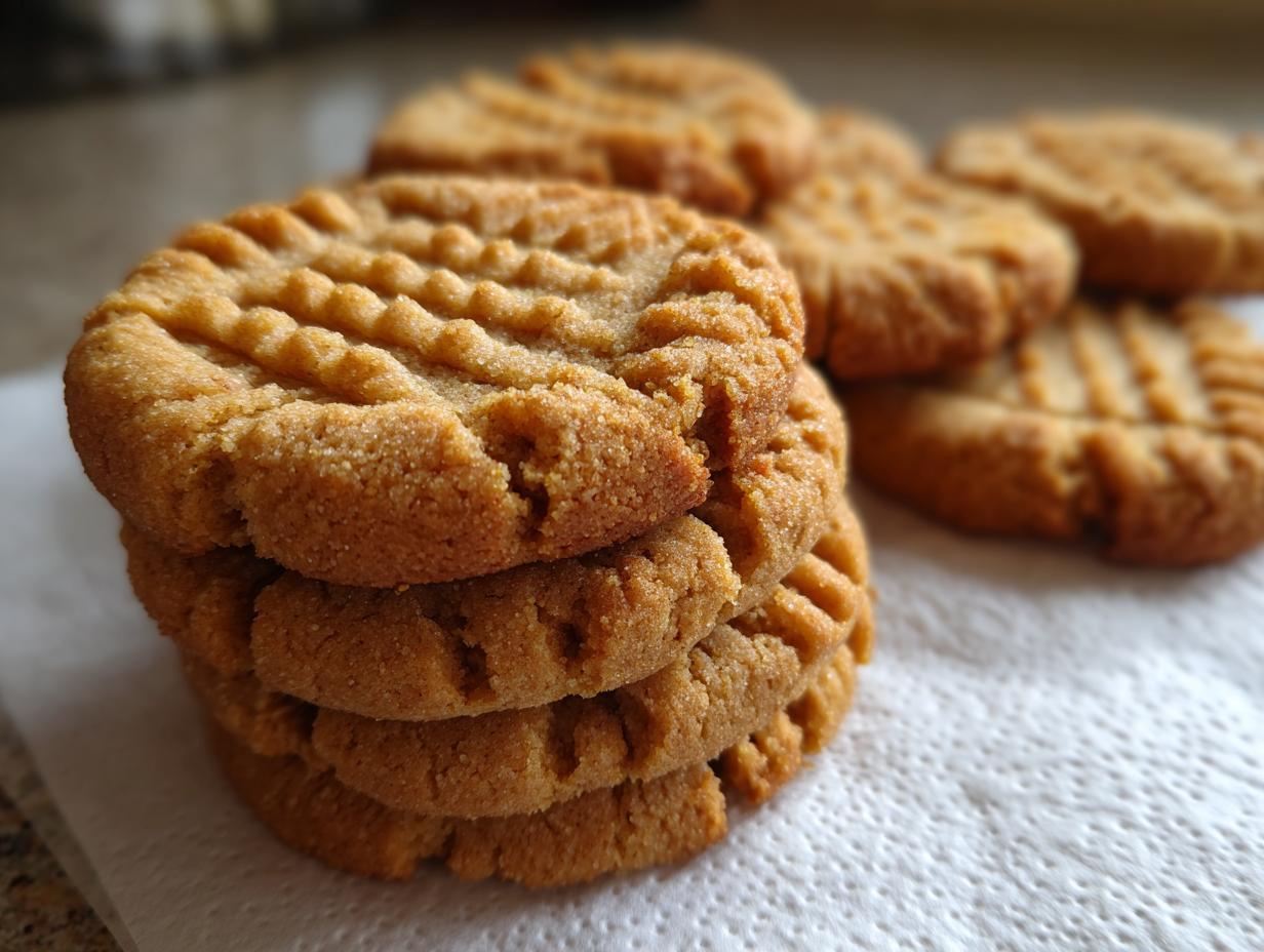 A stack of delicious peanut butter cookies with classic fork marks on a white napkin.