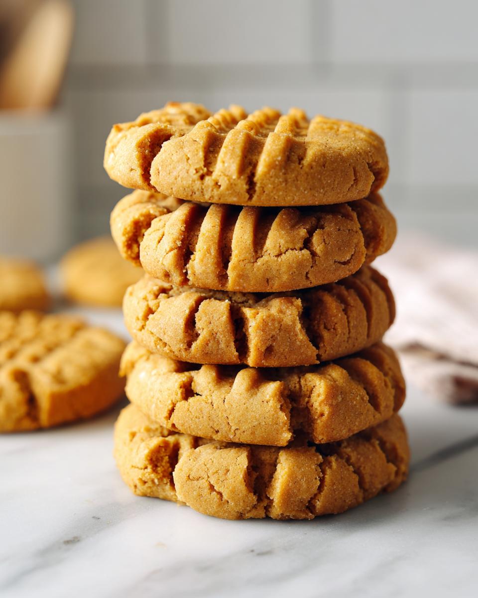 A stack of five perfect peanut butter cookies with classic fork marks on a marble surface.