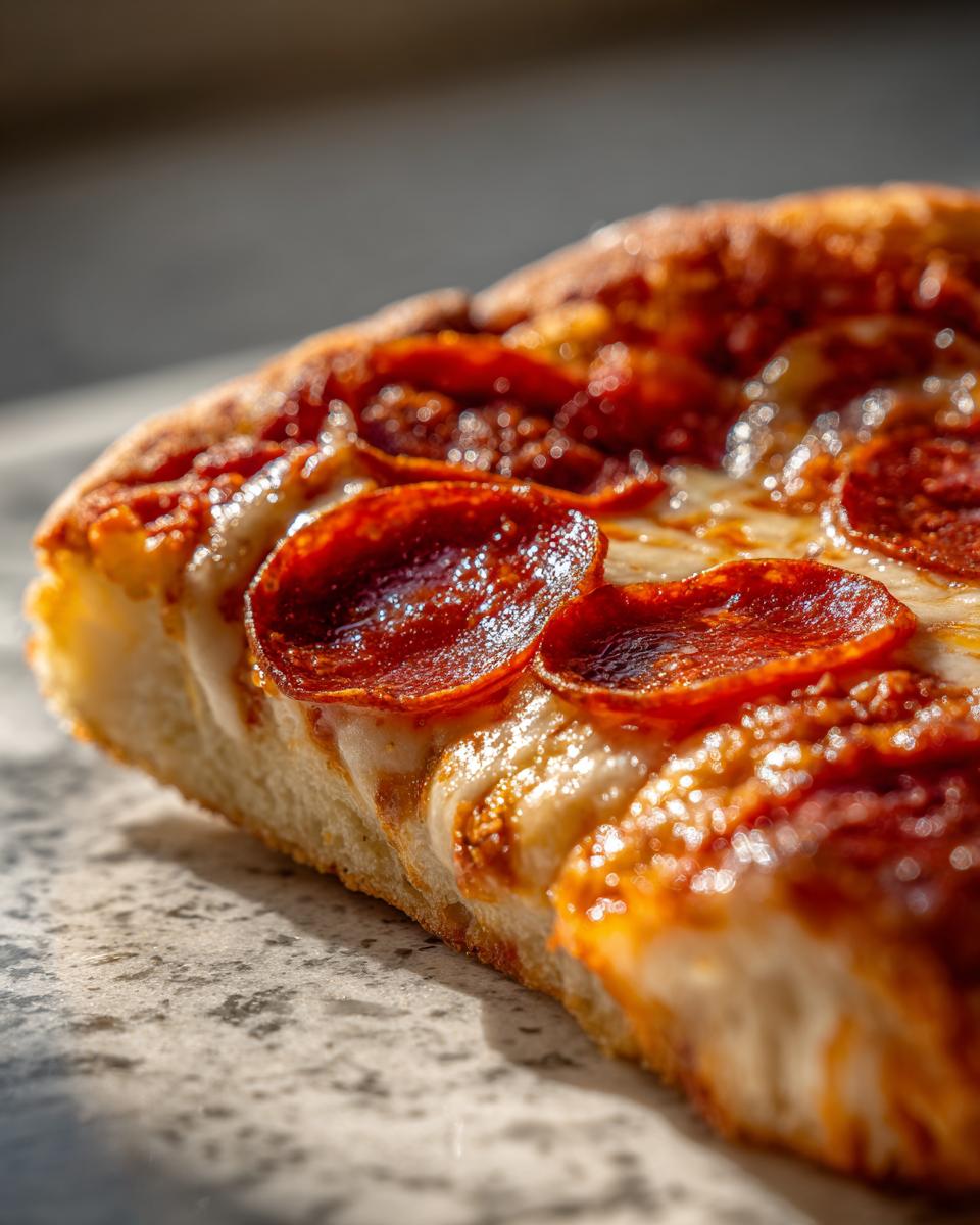 Close-up of a mouthwatering slice of pepperoni pizza with melted cheese and crispy pepperoni.