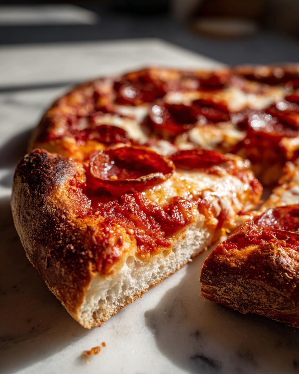 Close-up of a slice of pepperoni pizza with melted cheese and crispy crust.