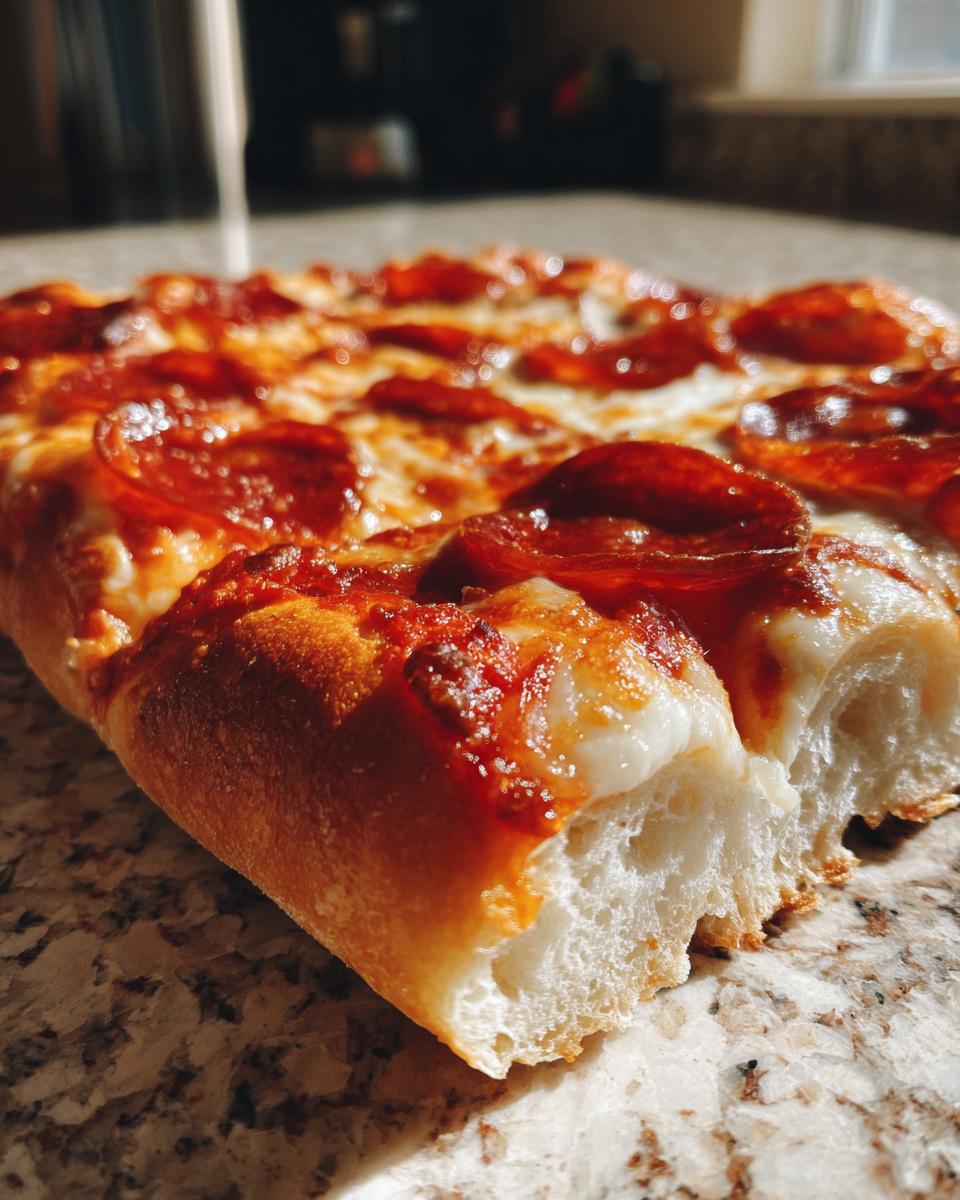 Close-up of a slice of pepperoni pizza, showing melted cheese, red pepperoni slices, and a golden crust.
