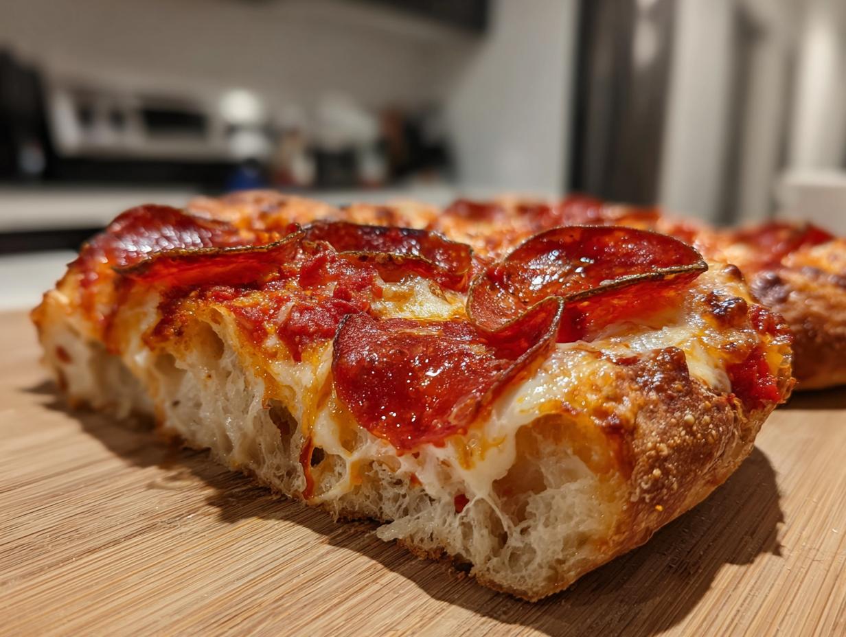 Close-up of a thick slice of pepperoni pizza, showing crispy crust, melted cheese, and savory pepperoni.