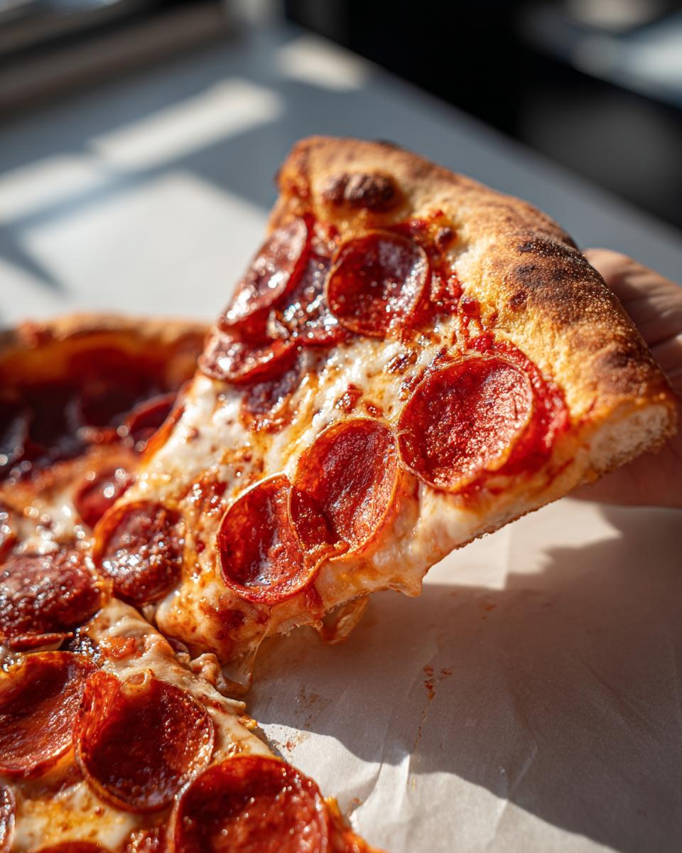 A hand holding a slice of mouthwatering pepperoni pizza, showcasing melted cheese and crispy pepperoni.