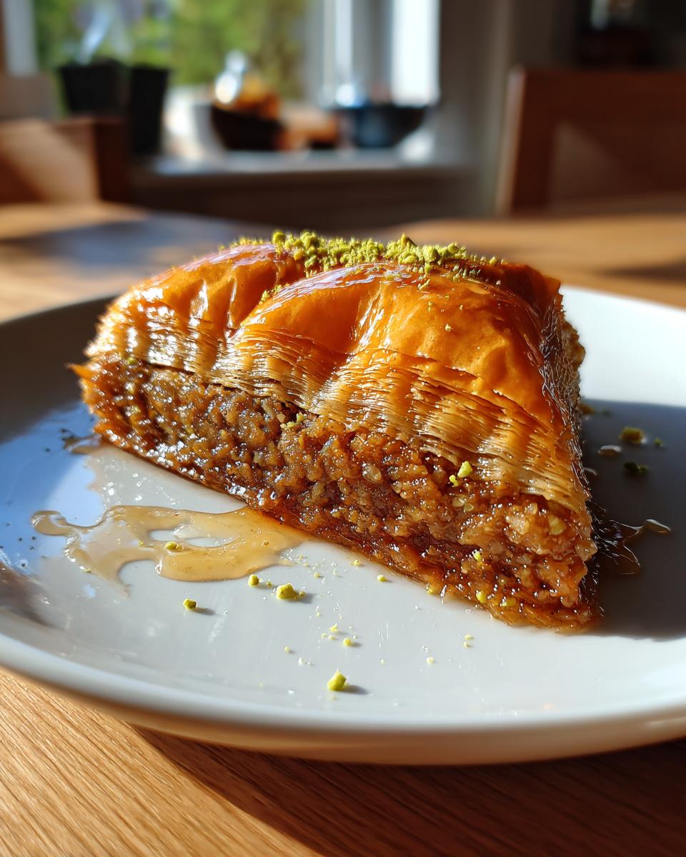 A close-up shot of a triangular slice of perfect baklava, glistening with syrup and topped with chopped pistachios.