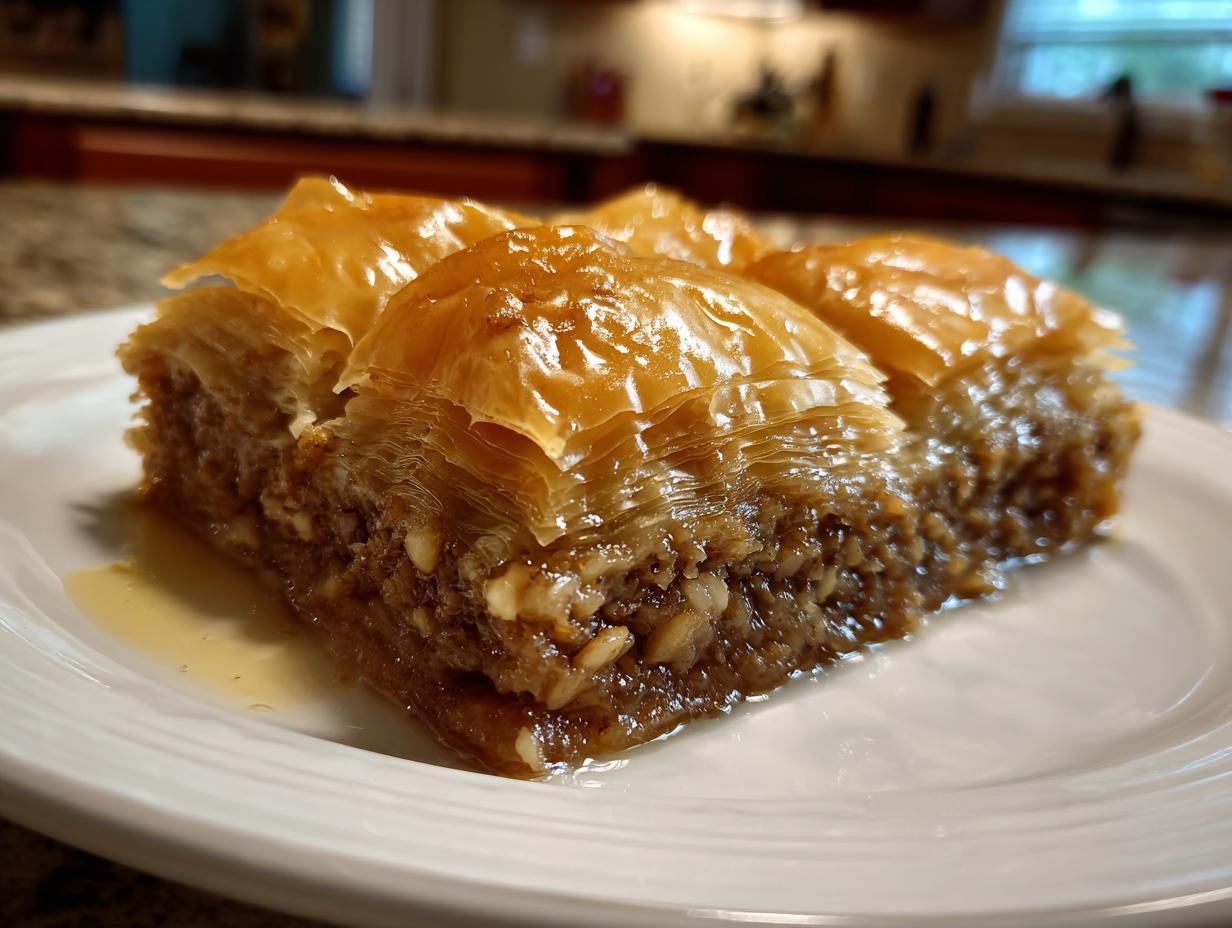 Close-up of a golden-brown slice of baklava on a white plate, glistening with syrup.