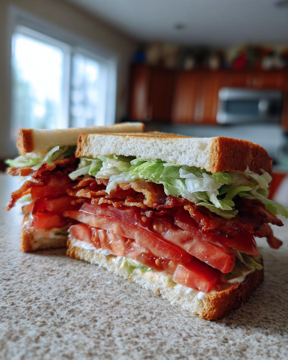A perfectly constructed BLT sandwich cut in half, showcasing layers of crispy bacon, fresh tomatoes, crisp lettuce, and creamy mayonnaise on toasted white bread.