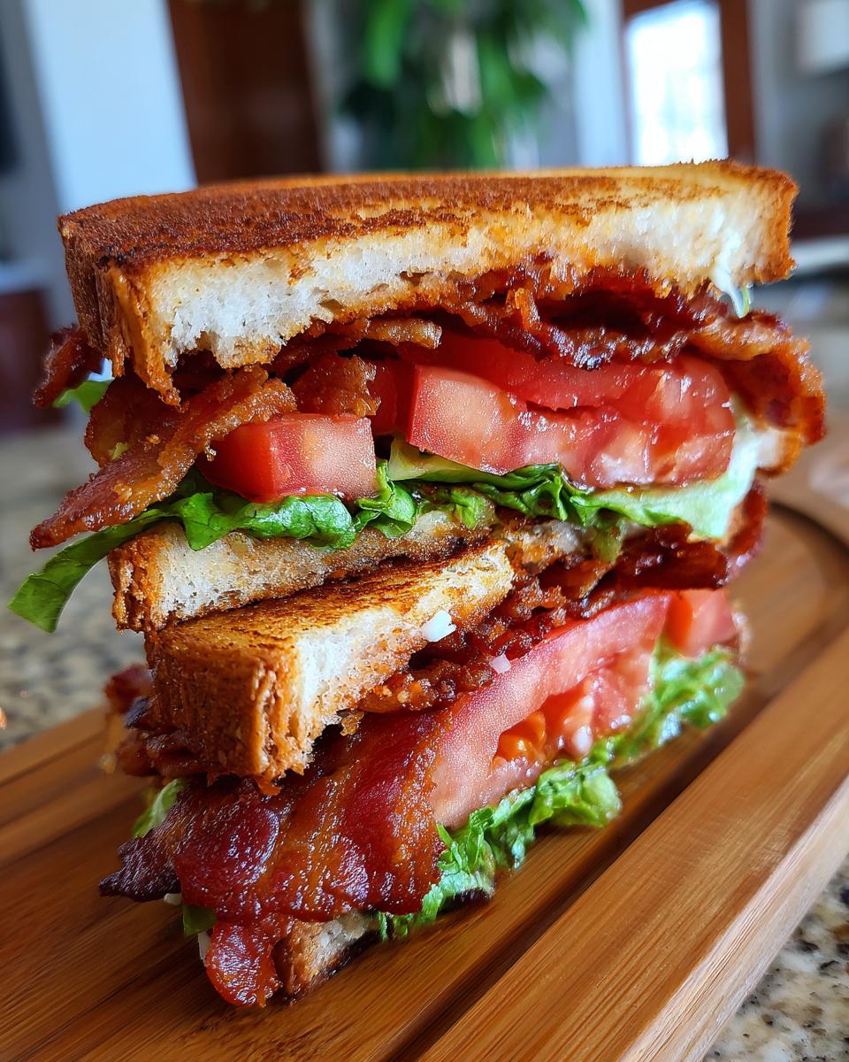 A tall, stacked BLT sandwich with crispy bacon, juicy tomatoes, and crisp lettuce on toasted bread.