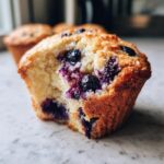 Close-up of a perfect blueberry muffin with juicy berries bursting through the golden-brown crust.