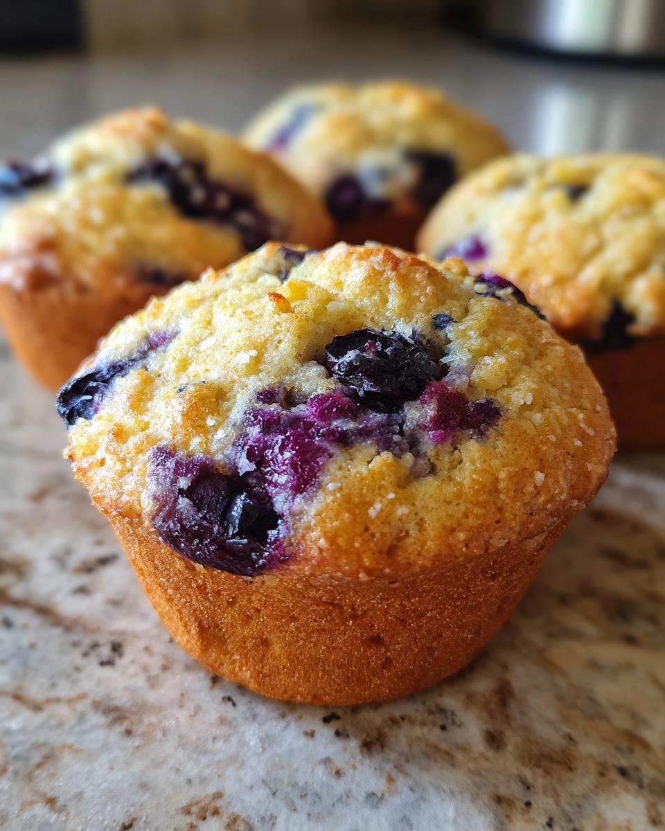 Close-up of a perfect blueberry muffin, showcasing juicy blueberries and a golden-brown crust.