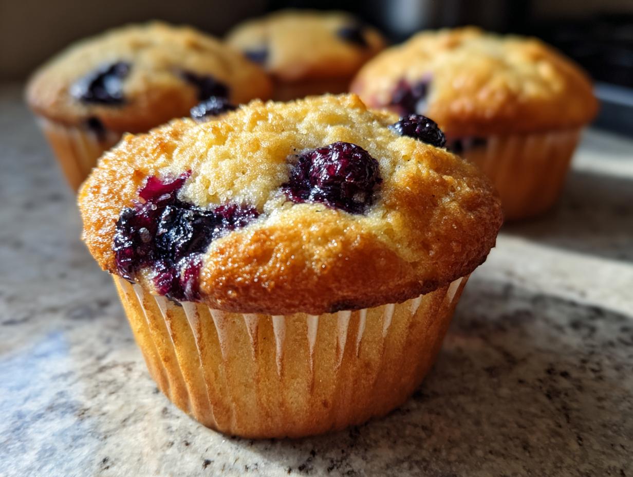 Close-up of a perfect blueberry muffin, showcasing juicy berries and a golden-brown top.