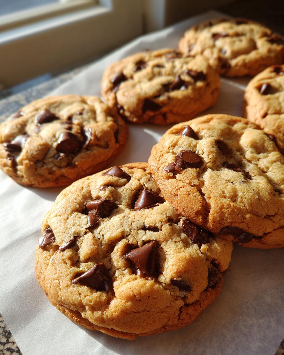 A close-up of several freshly baked chocolate chip cookies with generous chunks of chocolate.