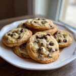 A close-up of several perfect chocolate chip cookies piled on a white plate, showcasing their golden-brown color and abundant chocolate chips.