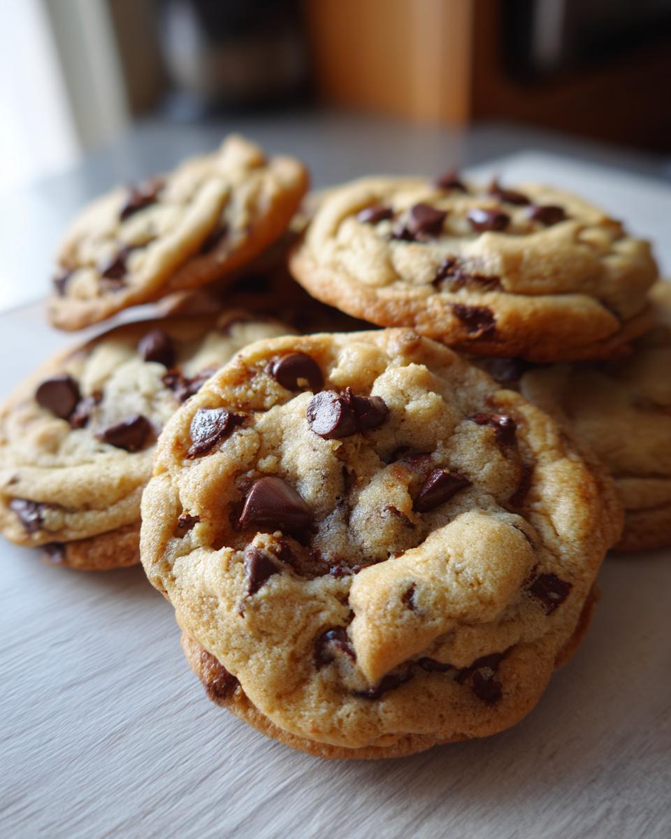 Close-up of a stack of perfect chocolate chip cookies, showcasing melty chocolate chips.