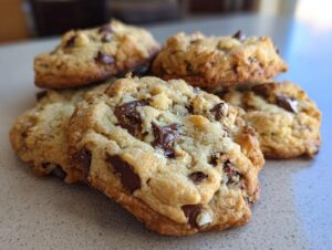 A close-up stack of freshly baked chocolate chip cookies, showcasing gooey chocolate chunks and golden-brown edges.