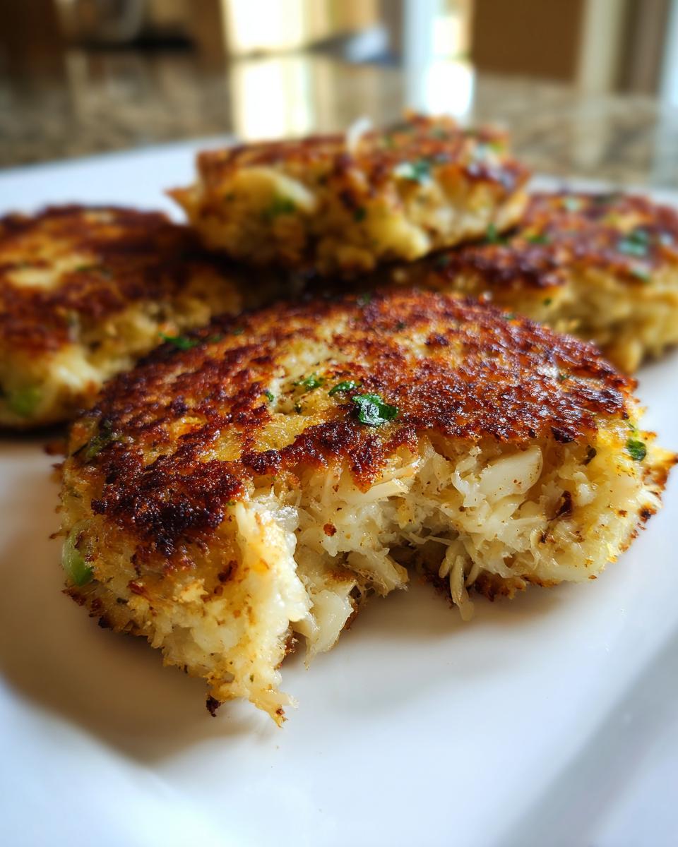 Close-up of four golden-brown, perfectly cooked crab cakes on a white plate, with one bite taken out of the front crab cake.
