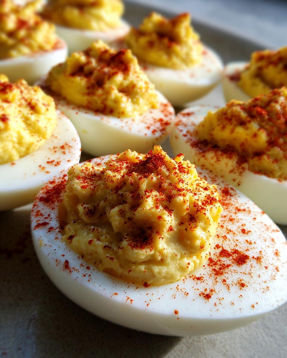 Close-up of several perfect deviled eggs, generously filled and sprinkled with paprika.