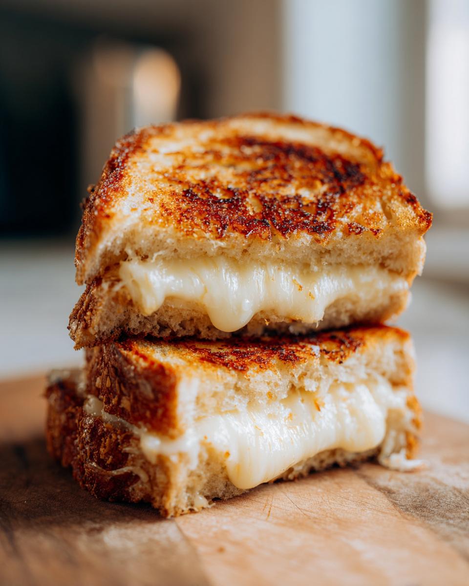 A close-up of a perfectly grilled cheese sandwich stacked on a wooden board, with melted cheese oozing out.