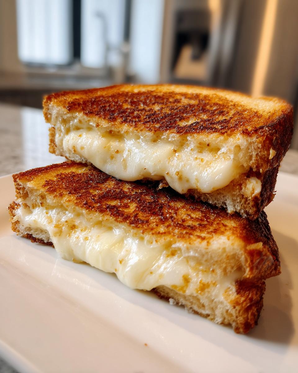 Close-up of a perfectly grilled cheese sandwich, cut in half and stacked, with melted cheese oozing out.