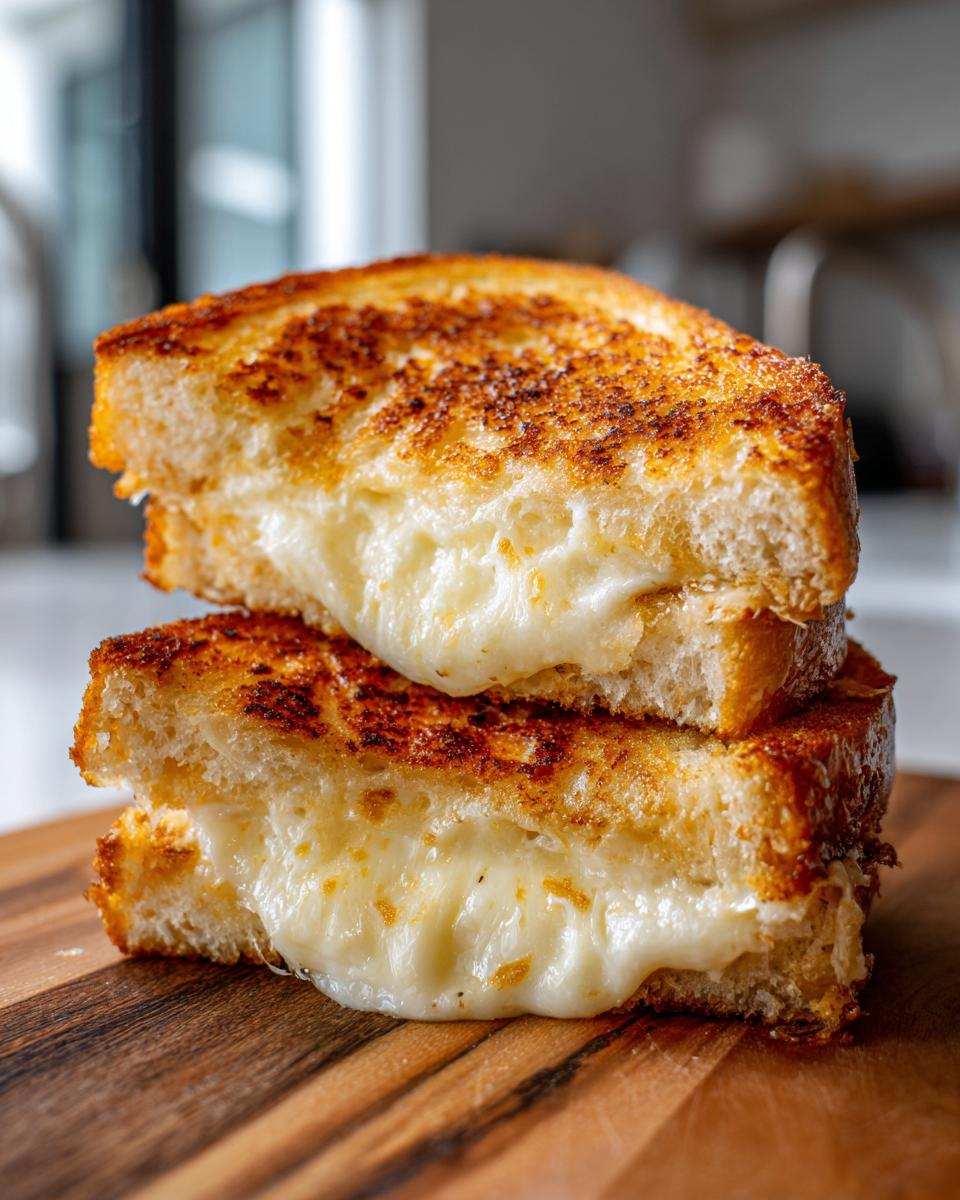 Close-up of a perfectly grilled cheese sandwich stacked, with gooey melted cheese oozing out.