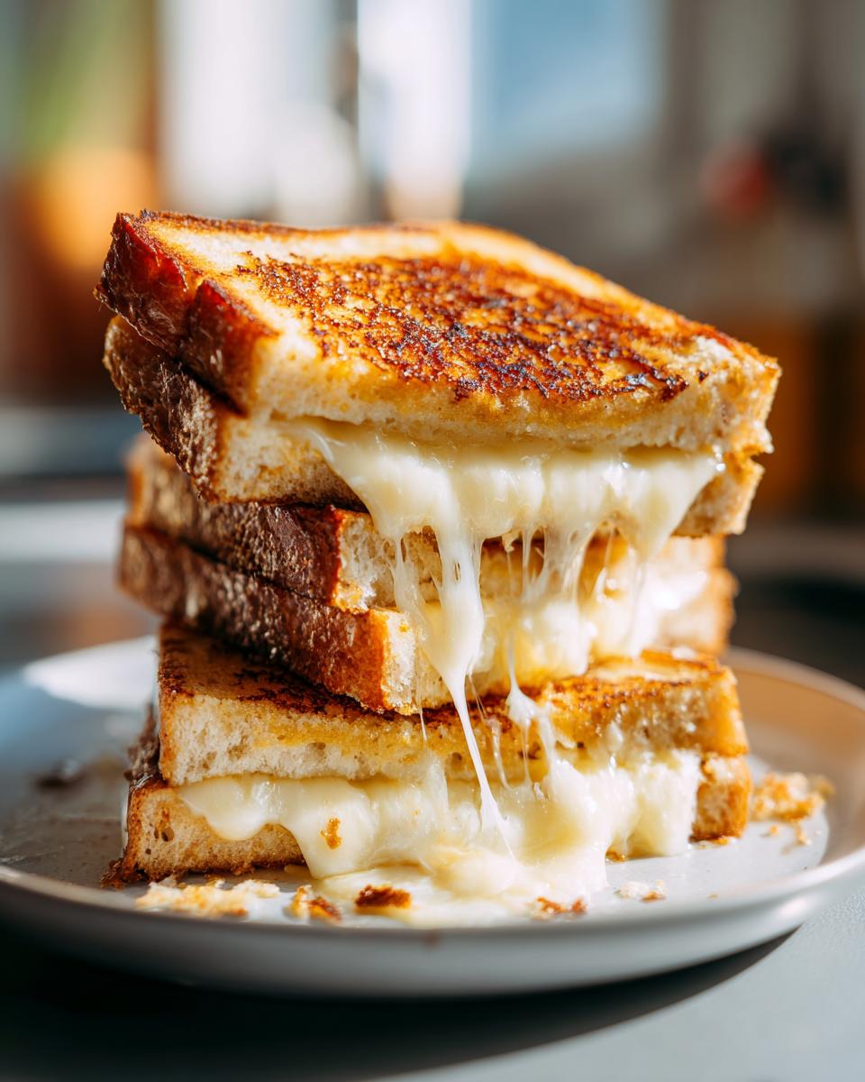 A stack of perfectly grilled cheese sandwiches with gooey, melted cheese dripping down.