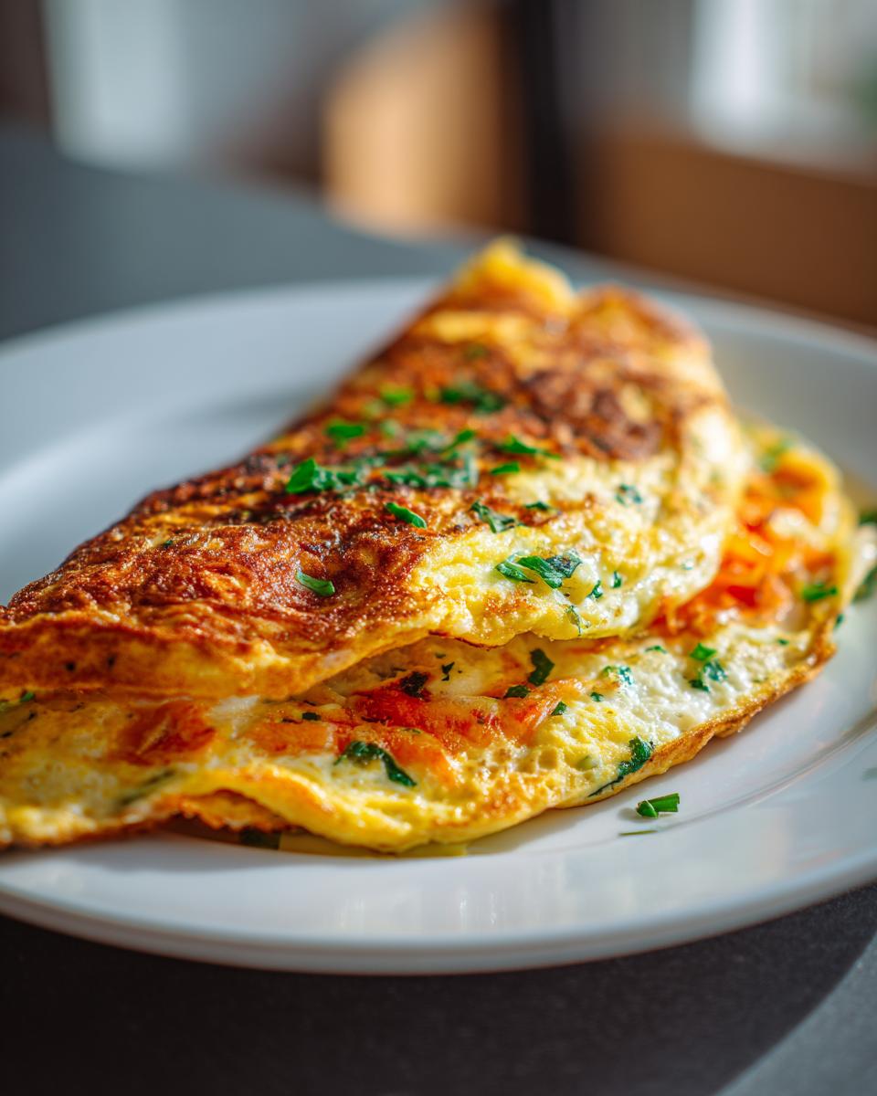 A golden brown, folded omelette filled with vegetables and herbs, served on a white plate.