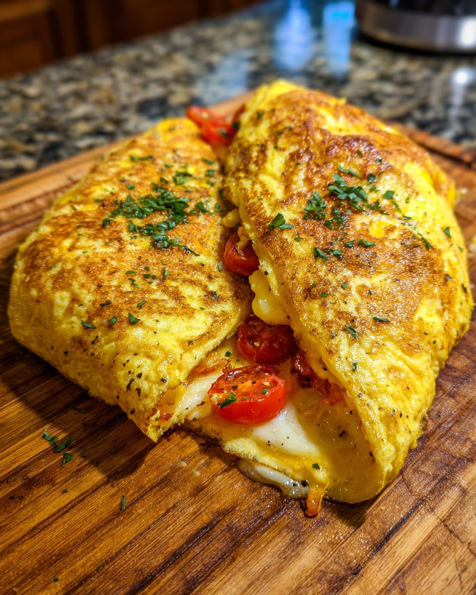 A golden-brown omelette, folded in half, revealing a filling of melted cheese and halved cherry tomatoes, sprinkled with fresh parsley.