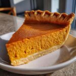 A delicious slice of perfect pumpkin pie with a flaky crust, served on a white plate.