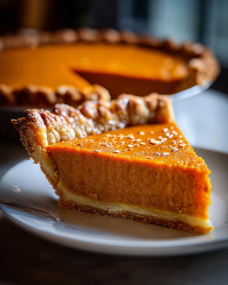 A delicious slice of perfect pumpkin pie on a white plate, with a whole pie in the background.