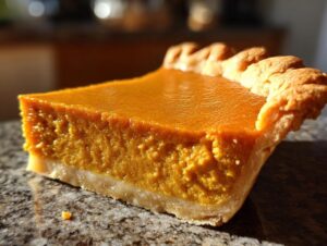 A close-up, side view of a perfect pumpkin pie slice, showcasing its smooth filling and flaky crust.