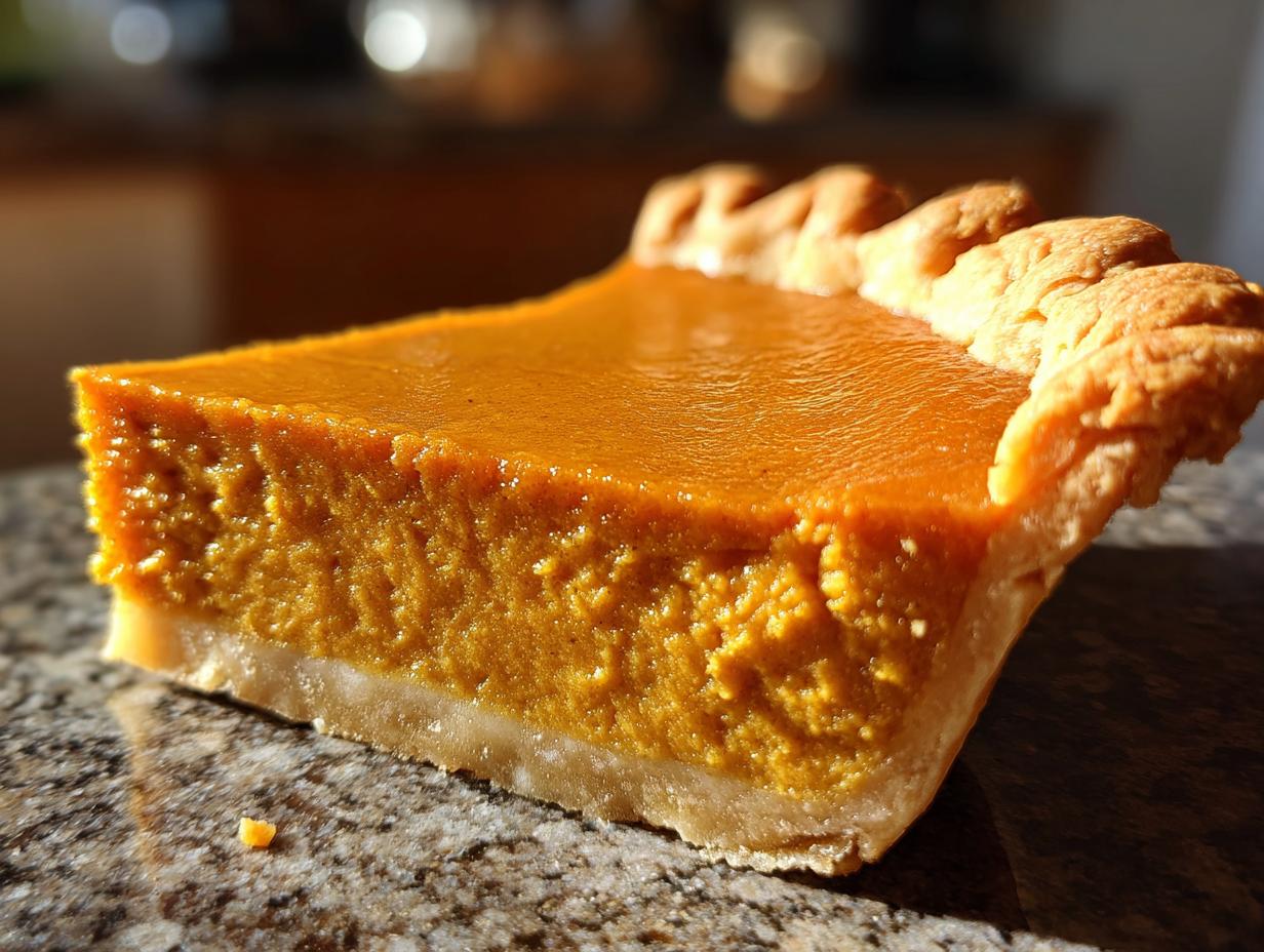 A close-up, side view of a perfect pumpkin pie slice, showcasing its smooth filling and flaky crust.