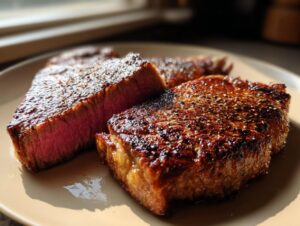 Close-up of a juicy, perfectly cooked ribeye steak with a beautiful sear and pink center.