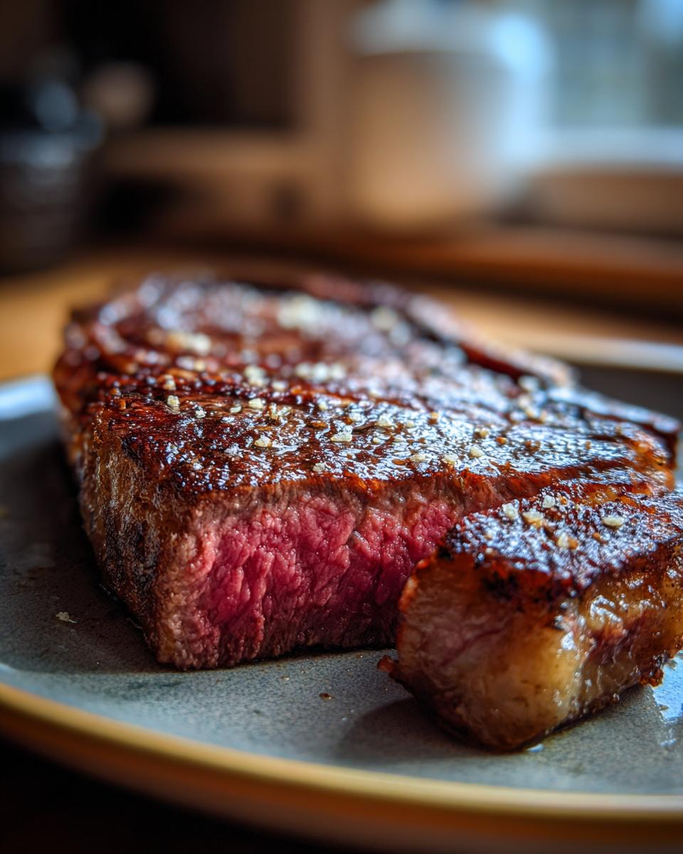 A perfectly cooked ribeye steak, sliced to reveal a juicy pink interior and a well-seared crust, seasoned with salt.