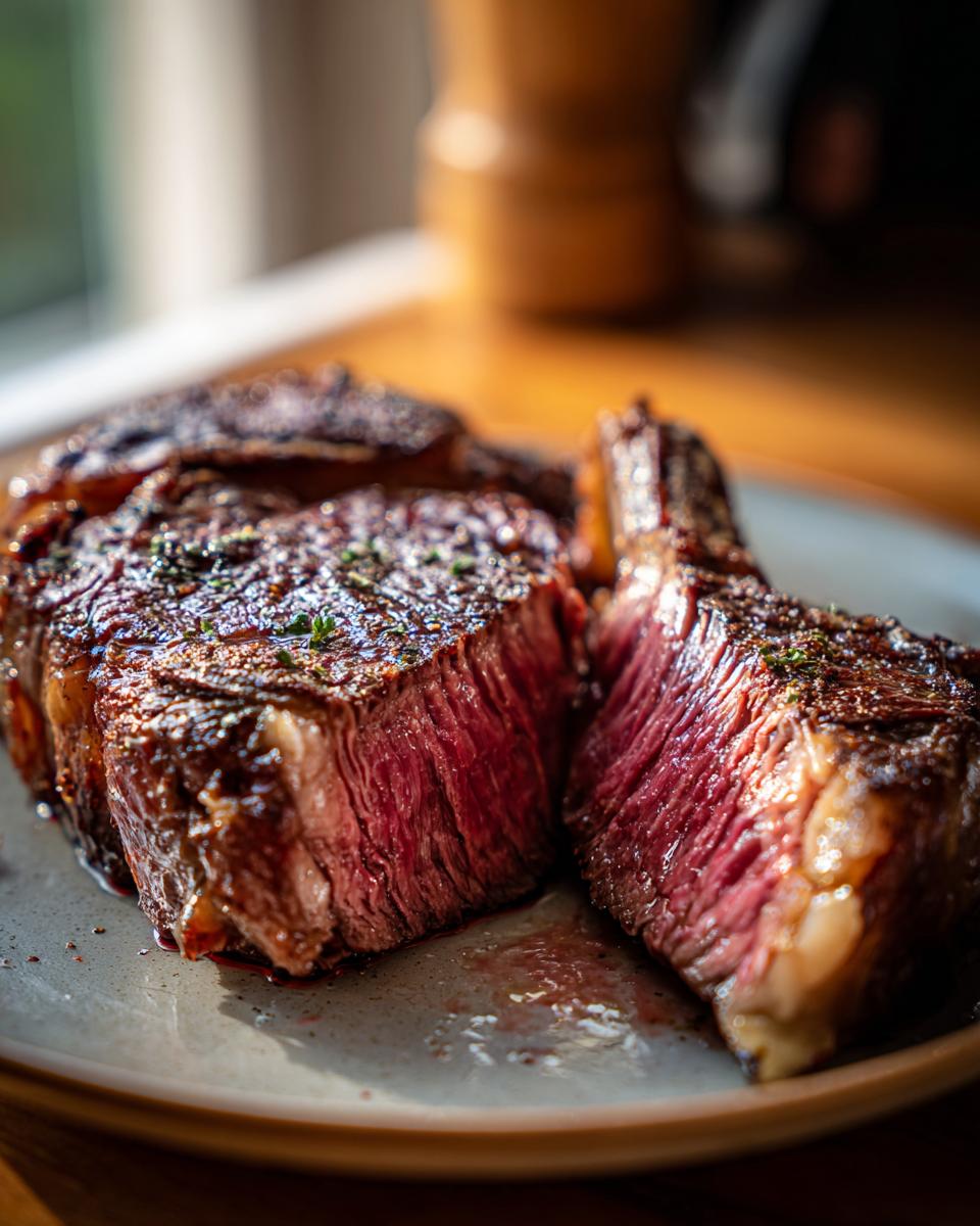 A perfectly cooked ribeye steak, sliced to reveal a juicy, medium-rare interior and a beautifully seared crust.