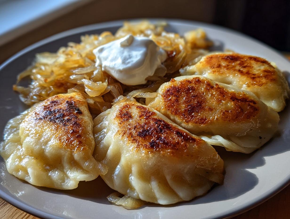 A plate of delicious, golden brown pierogi served with caramelized onions and a dollop of sour cream.