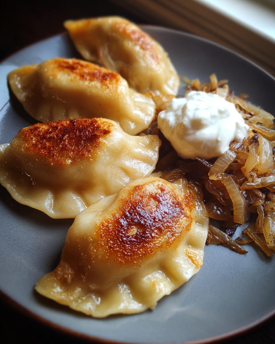 Close-up of golden brown pierogi served with caramelized onions and a dollop of sour cream.