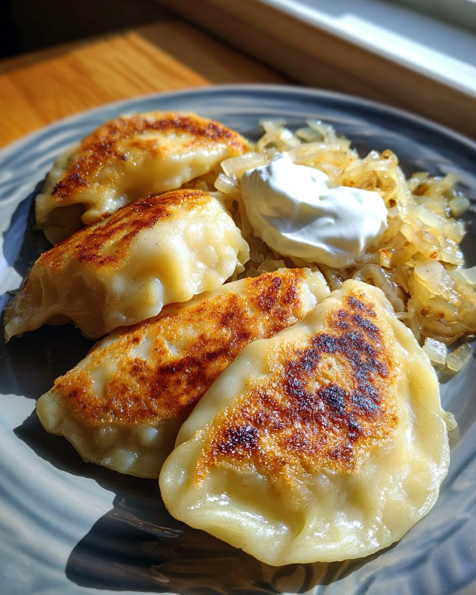 A close-up of golden brown pan-fried pierogi served with caramelized onions and a dollop of sour cream.