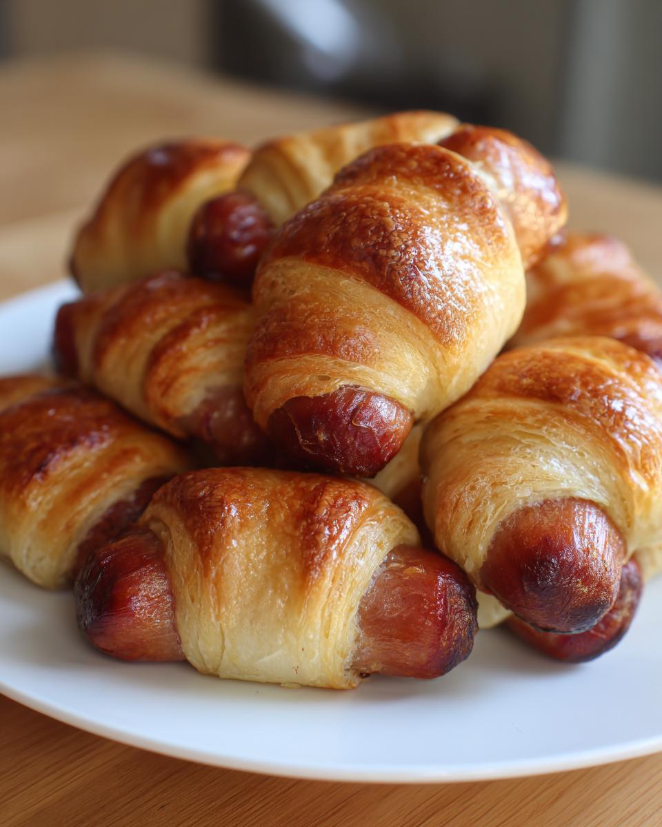 A pile of golden brown Pigs in a Blanket on a white plate, ready to be served.