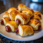 A close-up shot of a pile of golden brown pigs in a blanket, with the sausage peeking out from flaky pastry.
