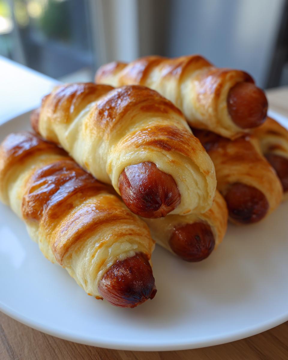 A close-up shot of golden brown pigs in a blanket on a white plate, showcasing the flaky pastry and juicy sausage.