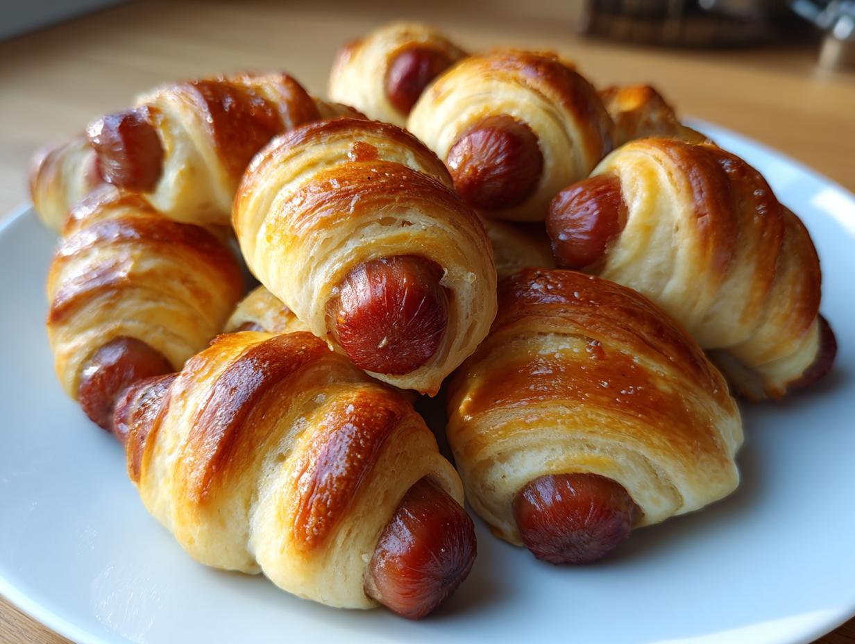 Close-up of a pile of golden brown pigs in a blanket on a white plate, ready to be served.