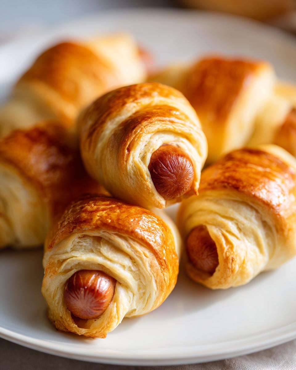 Close-up of golden brown pigs in a blanket, showing the pastry wrapped around a hot dog.