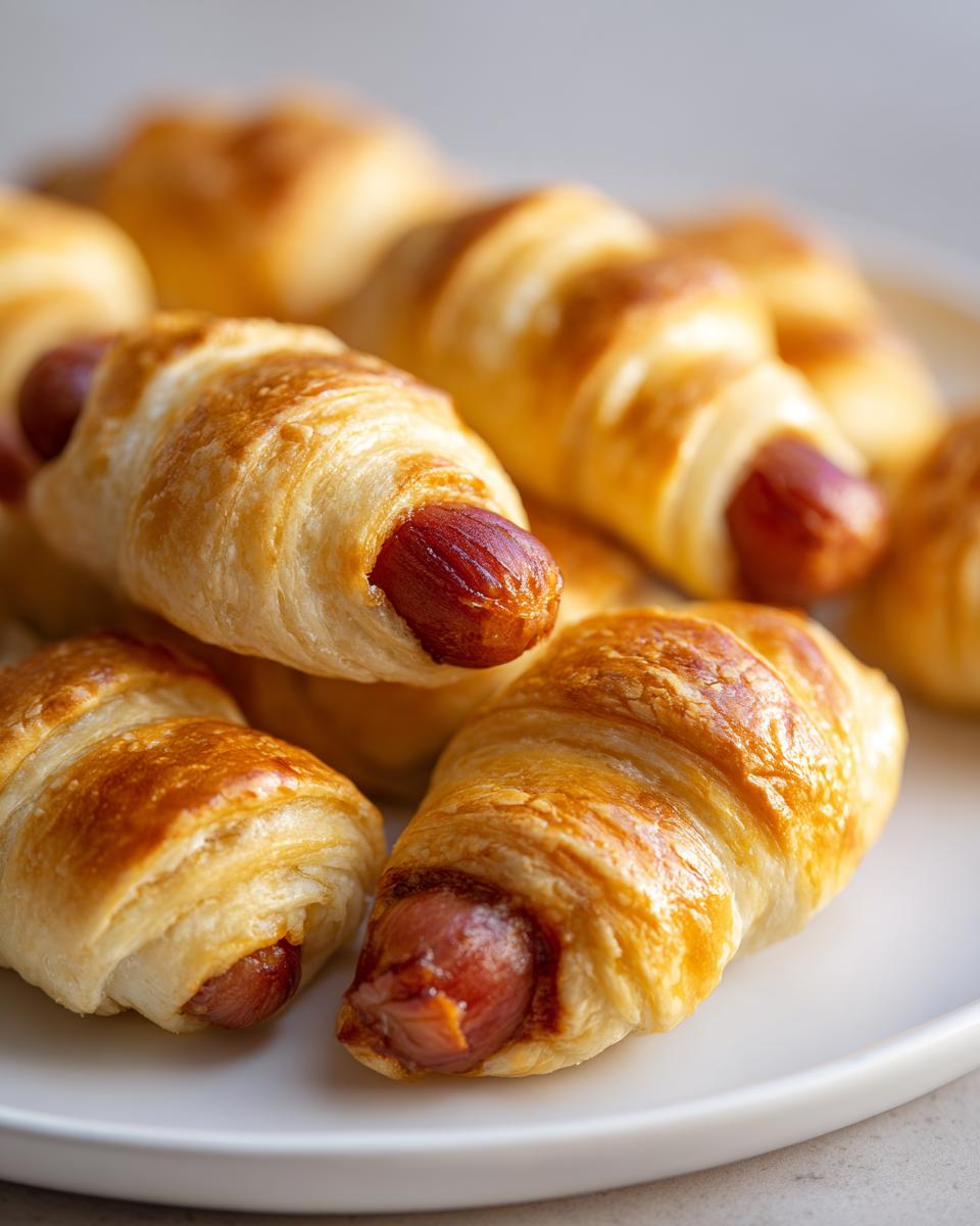 Close-up of golden brown pigs in a blanket, showing flaky pastry wrapped around a juicy sausage.